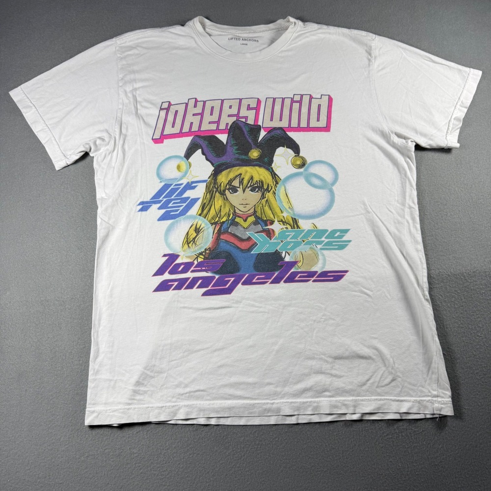 Lifted Anchors Mens T-Shirt Jokers Wild Anime Graphic Size L White Cotton LA Tee